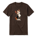 A chocolate short-sleeve crewneck t-shirt for adult featuring a graphic of a cat on the front.