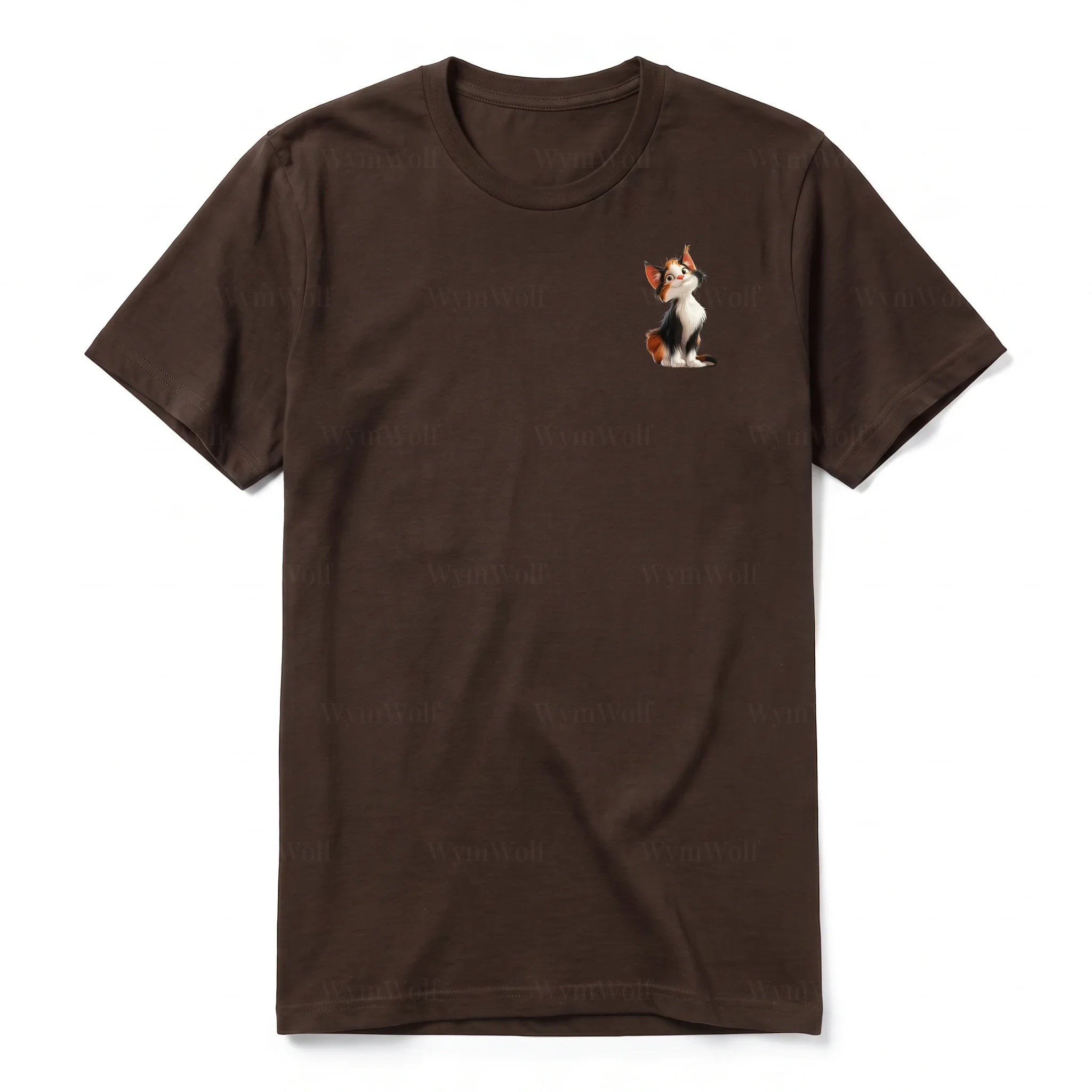 A chocolate short-sleeve crewneck t-shirt for adult featuring a graphic of a cat on the left chest.