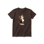 A chocolate short-sleeve crewneck t-shirt for youth featuring a graphic of a cat on the front.