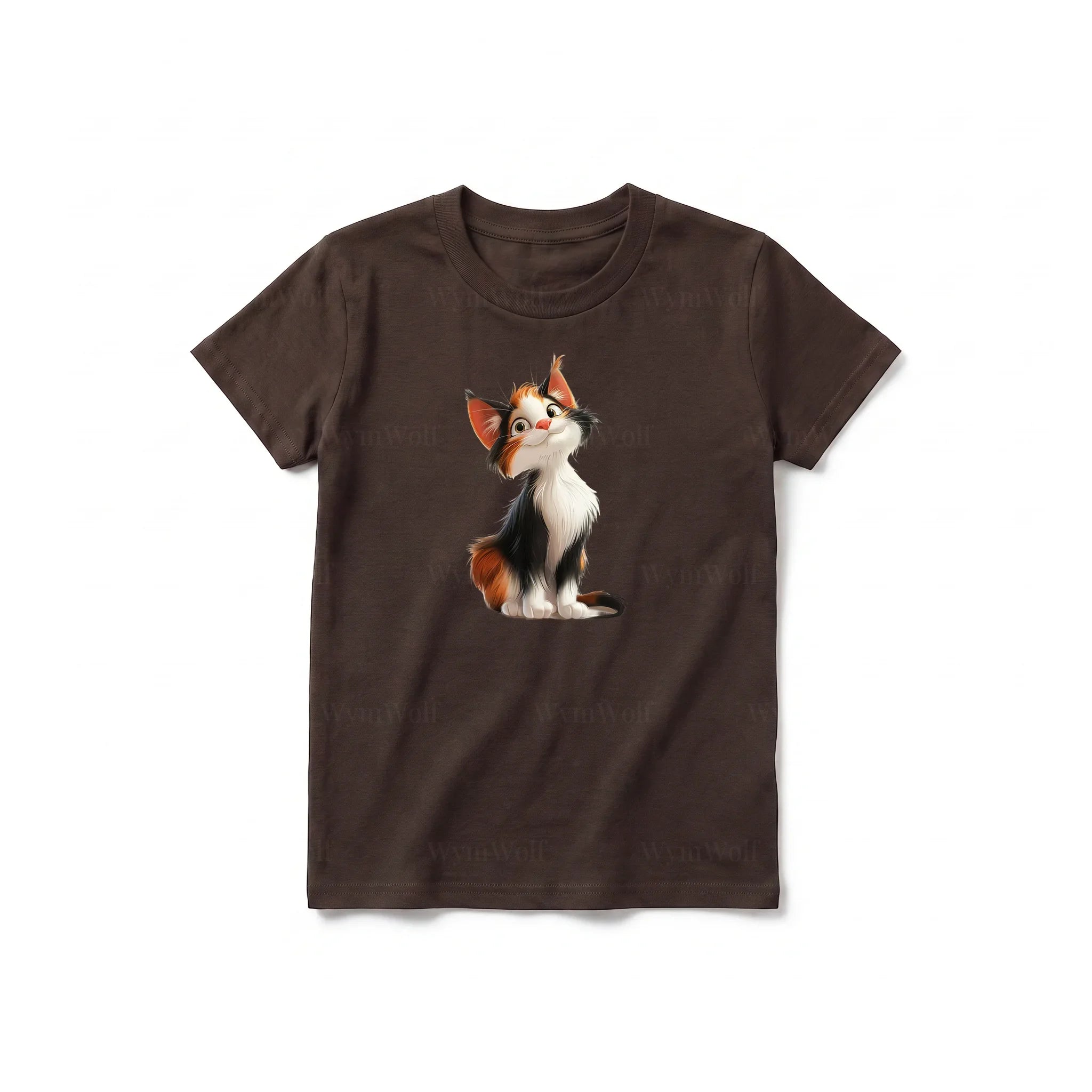 A chocolate short-sleeve crewneck t-shirt for youth featuring a graphic of a cat on the front.