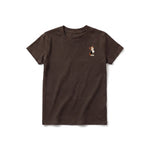 A chocolate short-sleeve crewneck t-shirt for youth featuring a graphic of a cat on the left chest.
