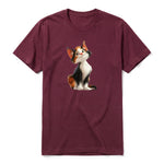 A maroon short-sleeve crewneck t-shirt for adult featuring a graphic of a cat on the front.