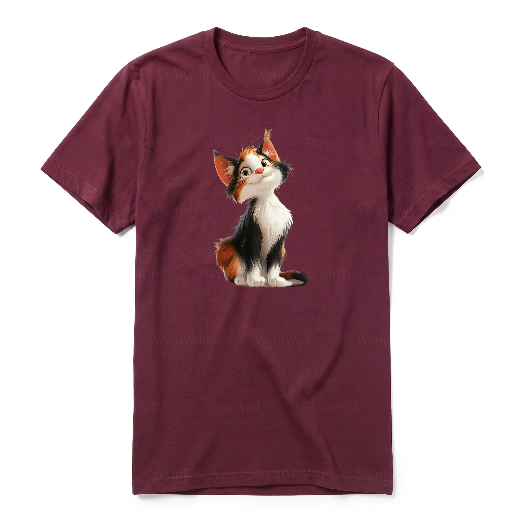 A maroon short-sleeve crewneck t-shirt for adult featuring a graphic of a cat on the front.
