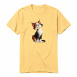 A mustard short-sleeve crewneck t-shirt for adult featuring a graphic of a cat on the front.