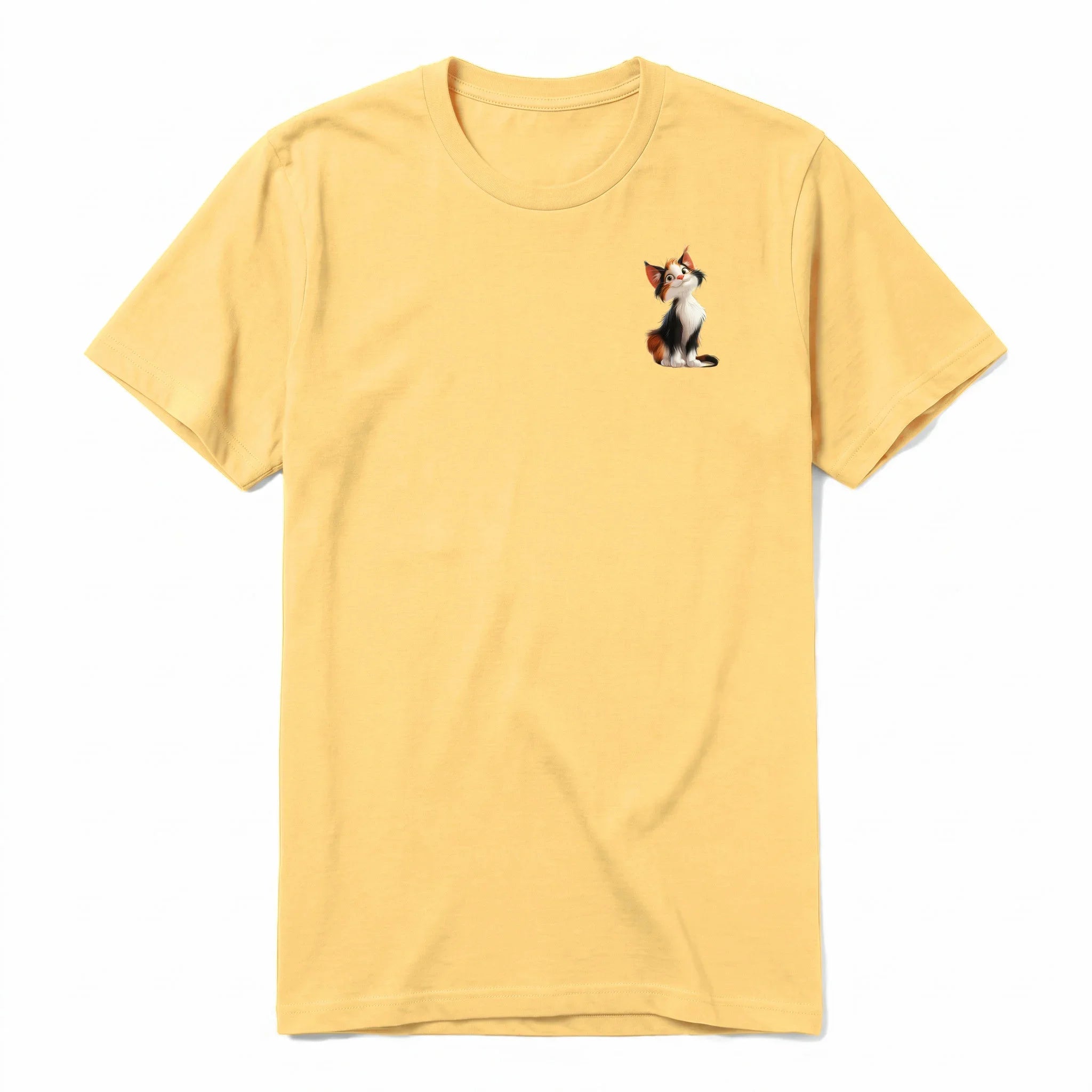 A mustard short-sleeve crewneck t-shirt for adult featuring a graphic of a cat on the left chest.