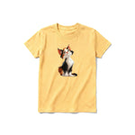 A mustard short-sleeve crewneck t-shirt for youth featuring a graphic of a cat on the front.
