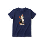 A navy short-sleeve crewneck t-shirt for youth featuring a graphic of a cat on the front.
