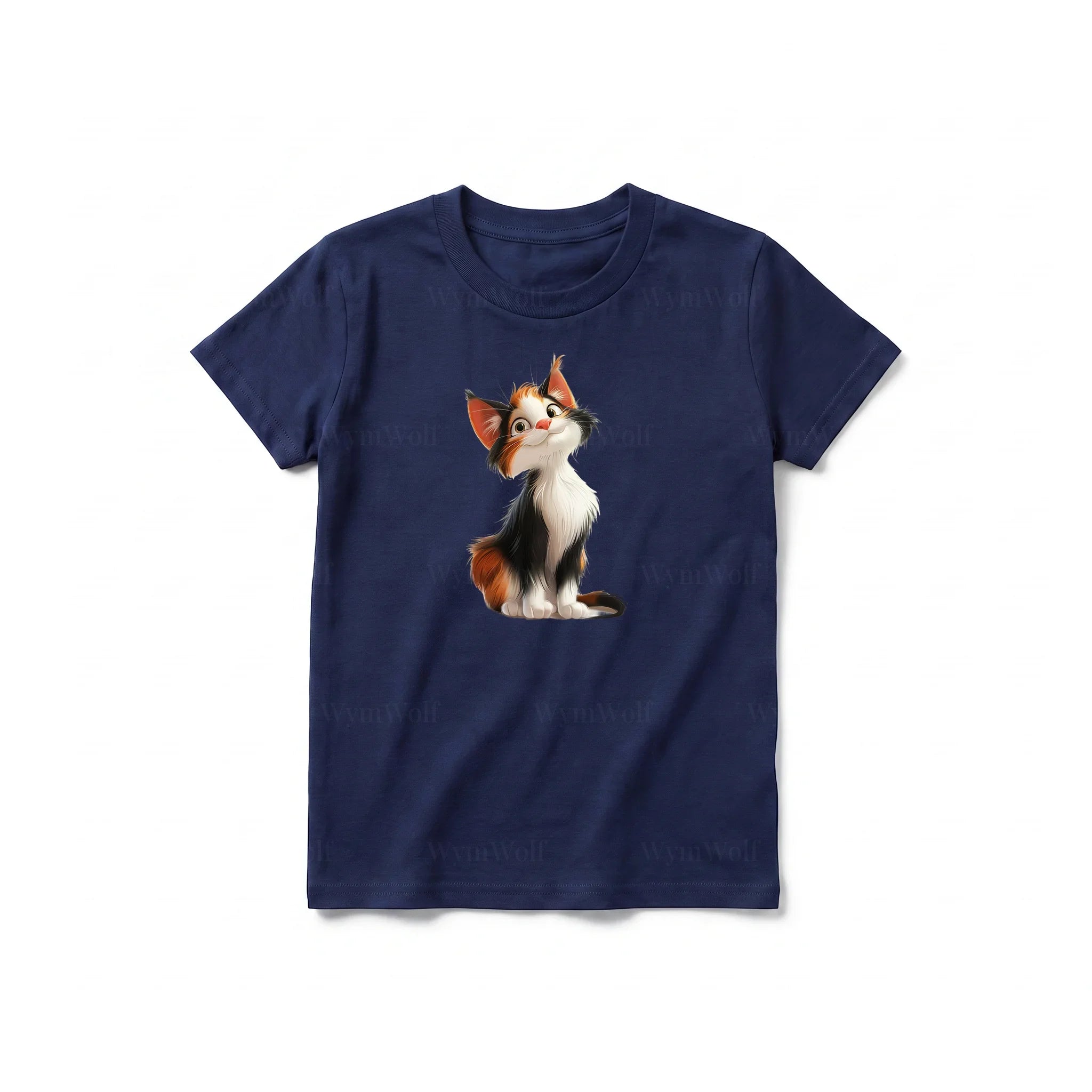 A navy short-sleeve crewneck t-shirt for youth featuring a graphic of a cat on the front.