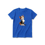 A royal short-sleeve crewneck t-shirt for youth featuring a graphic of a cat on the front.