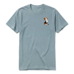 A sage short-sleeve crewneck t-shirt for adult featuring a graphic of a cat on the left chest.