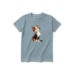 A sage short-sleeve crewneck t-shirt for youth featuring a graphic of a cat on the front.