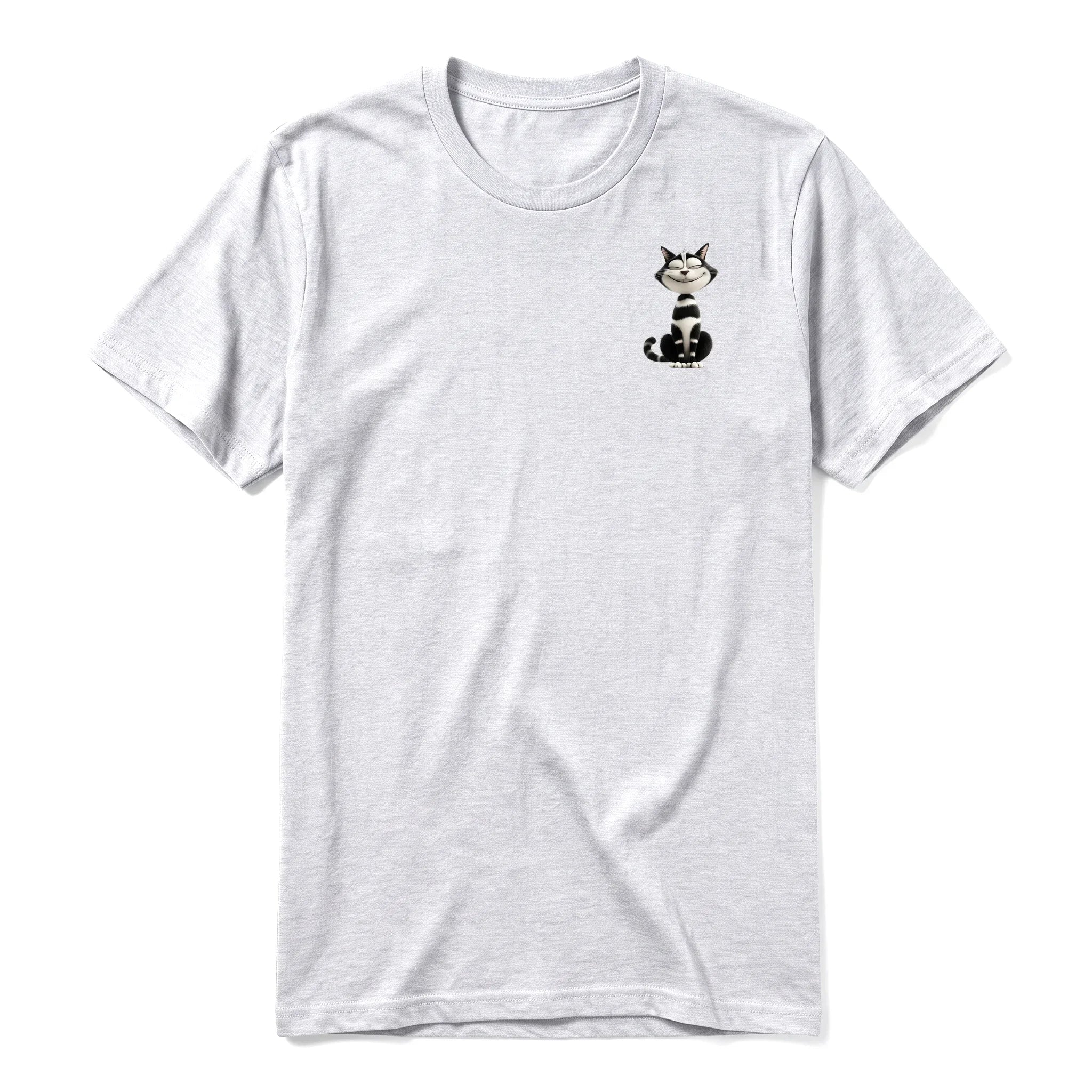 A ash grey short-sleeve crewneck t-shirt for adult featuring a graphic of a cat on the left chest.