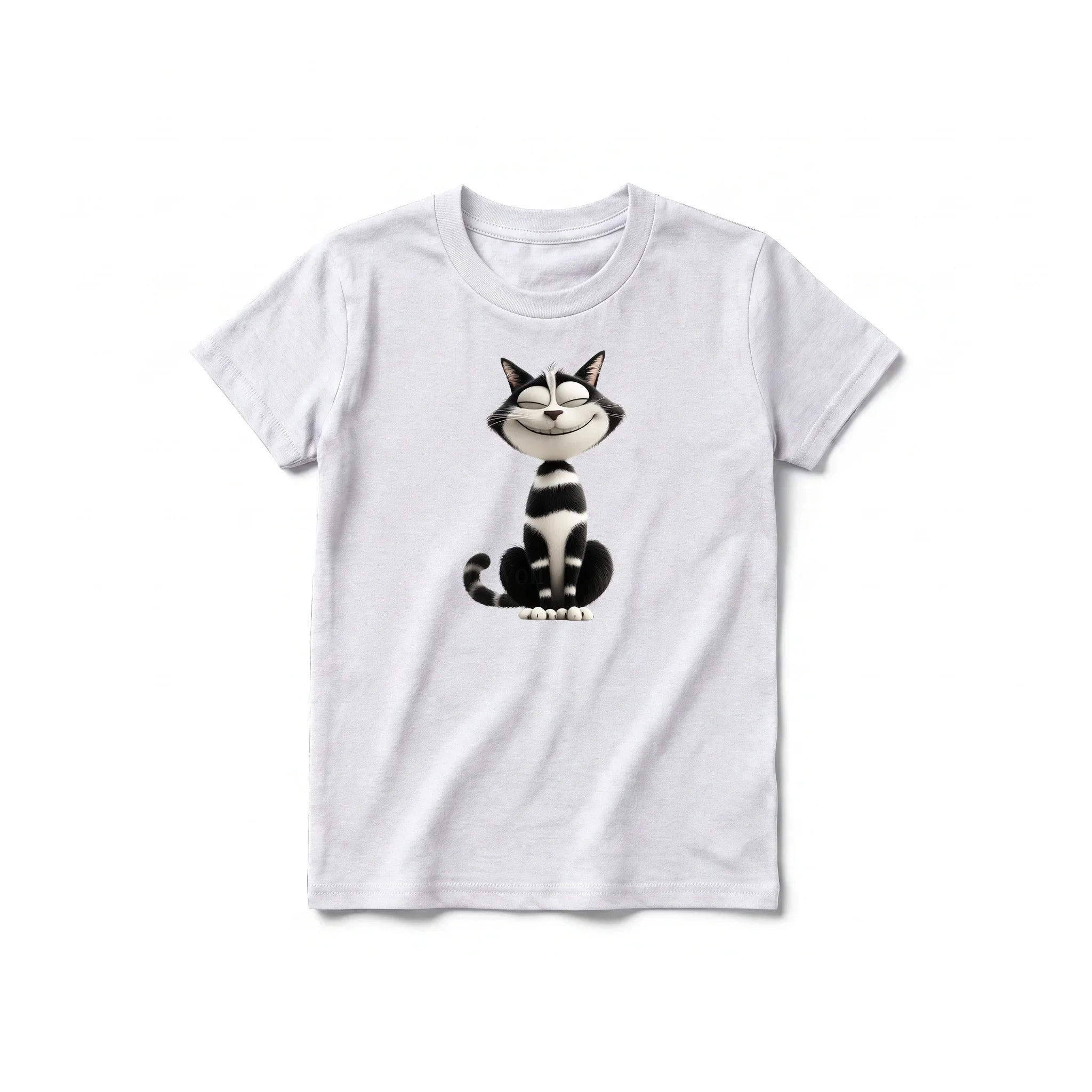 A ash grey short-sleeve crewneck t-shirt for youth featuring a graphic of a cat on the front.