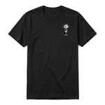 A black short-sleeve crewneck t-shirt for adult featuring a graphic of a cat on the left chest.