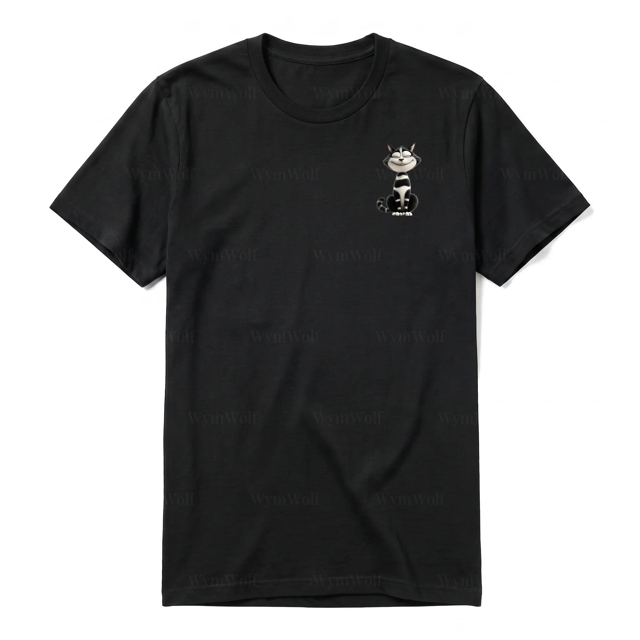 A black short-sleeve crewneck t-shirt for adult featuring a graphic of a cat on the left chest.