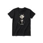 A black short-sleeve crewneck t-shirt for youth featuring a graphic of a cat on the front.