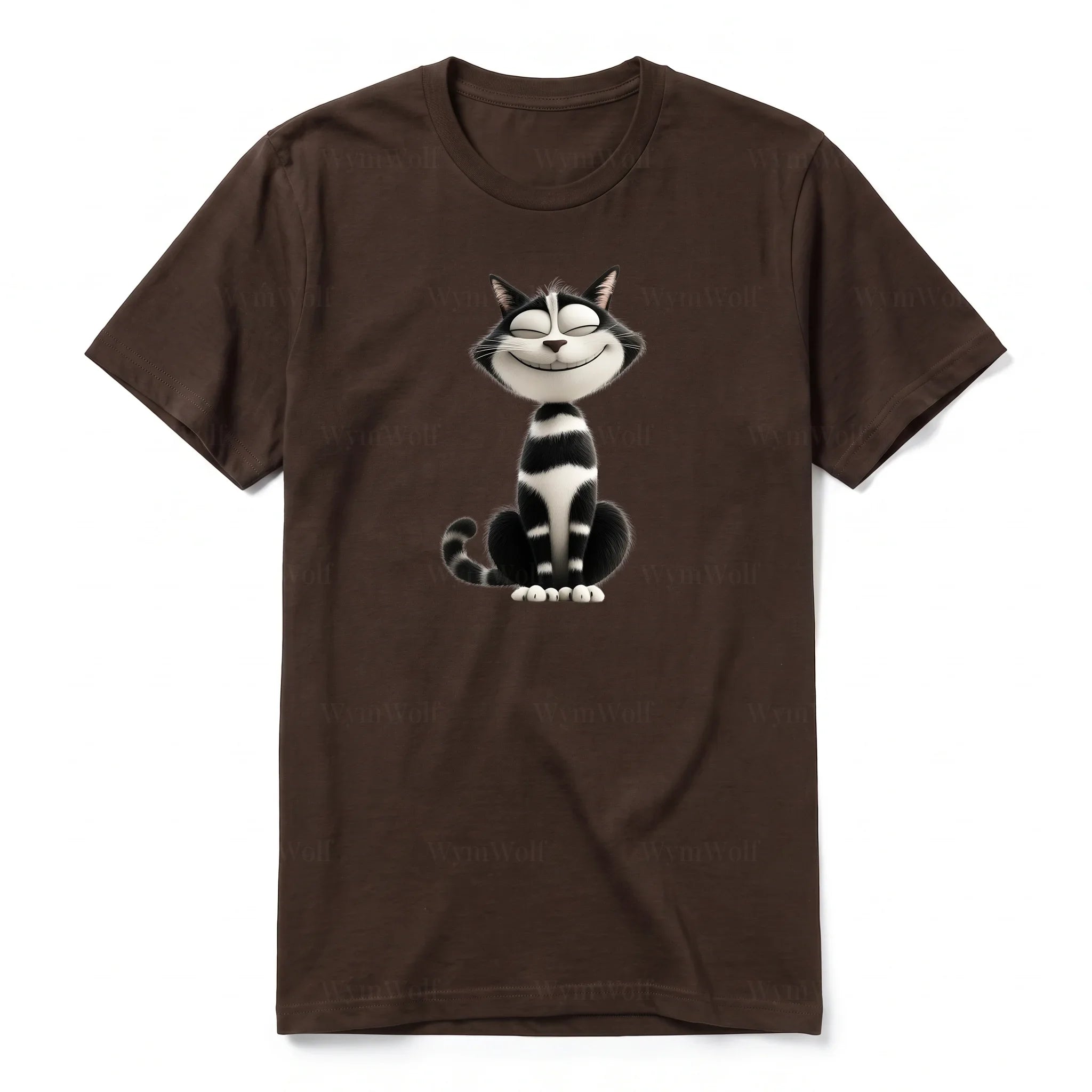 A chocolate short-sleeve crewneck t-shirt for adult featuring a graphic of a cat on the front.