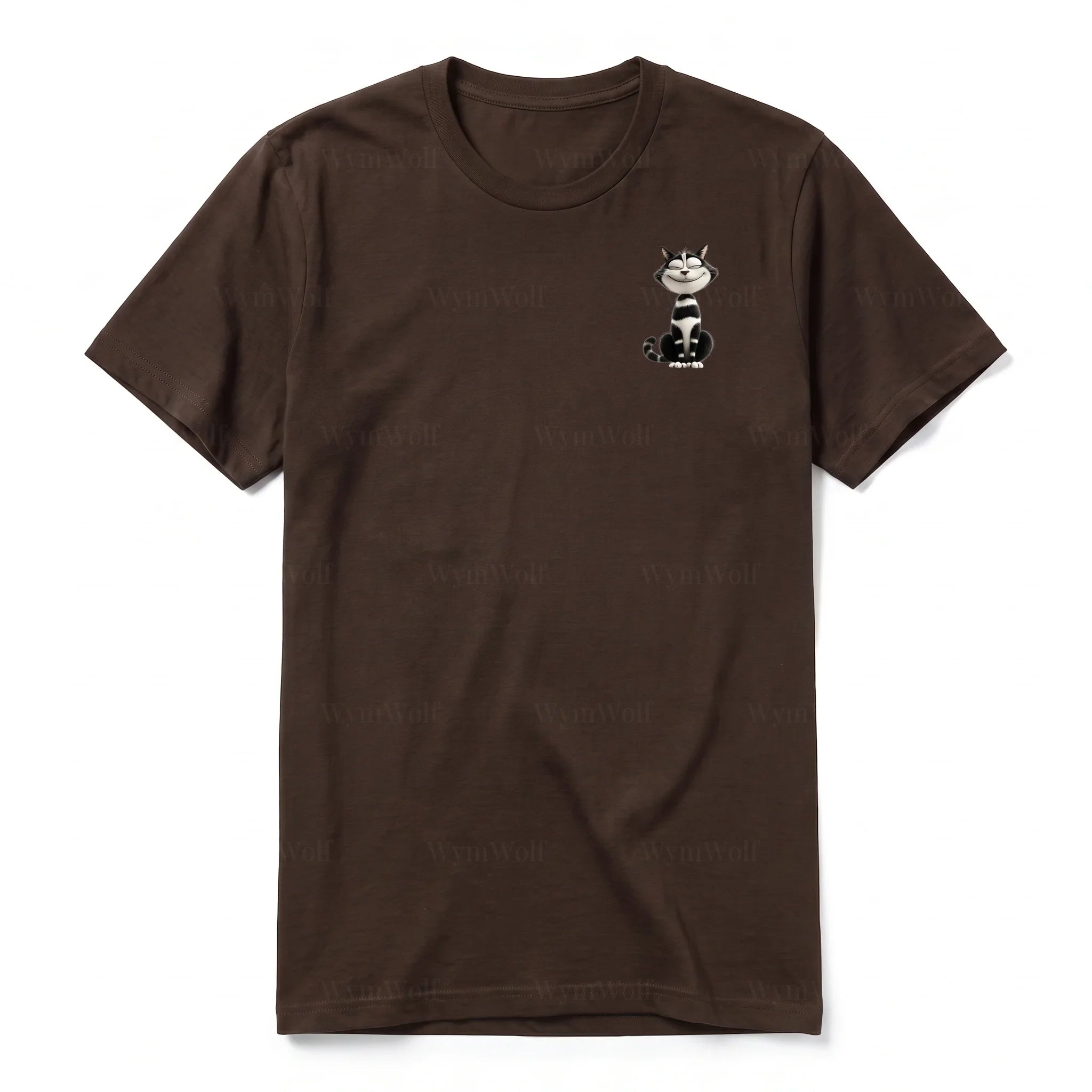 A chocolate short-sleeve crewneck t-shirt for adult featuring a graphic of a cat on the left chest.