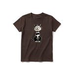 A chocolate short-sleeve crewneck t-shirt for youth featuring a graphic of a cat on the front.