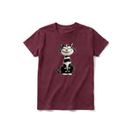 Un T-shirt marron à manches courtes et col rond pour jeune, orné d'un motif représentant un chat sur le devant.