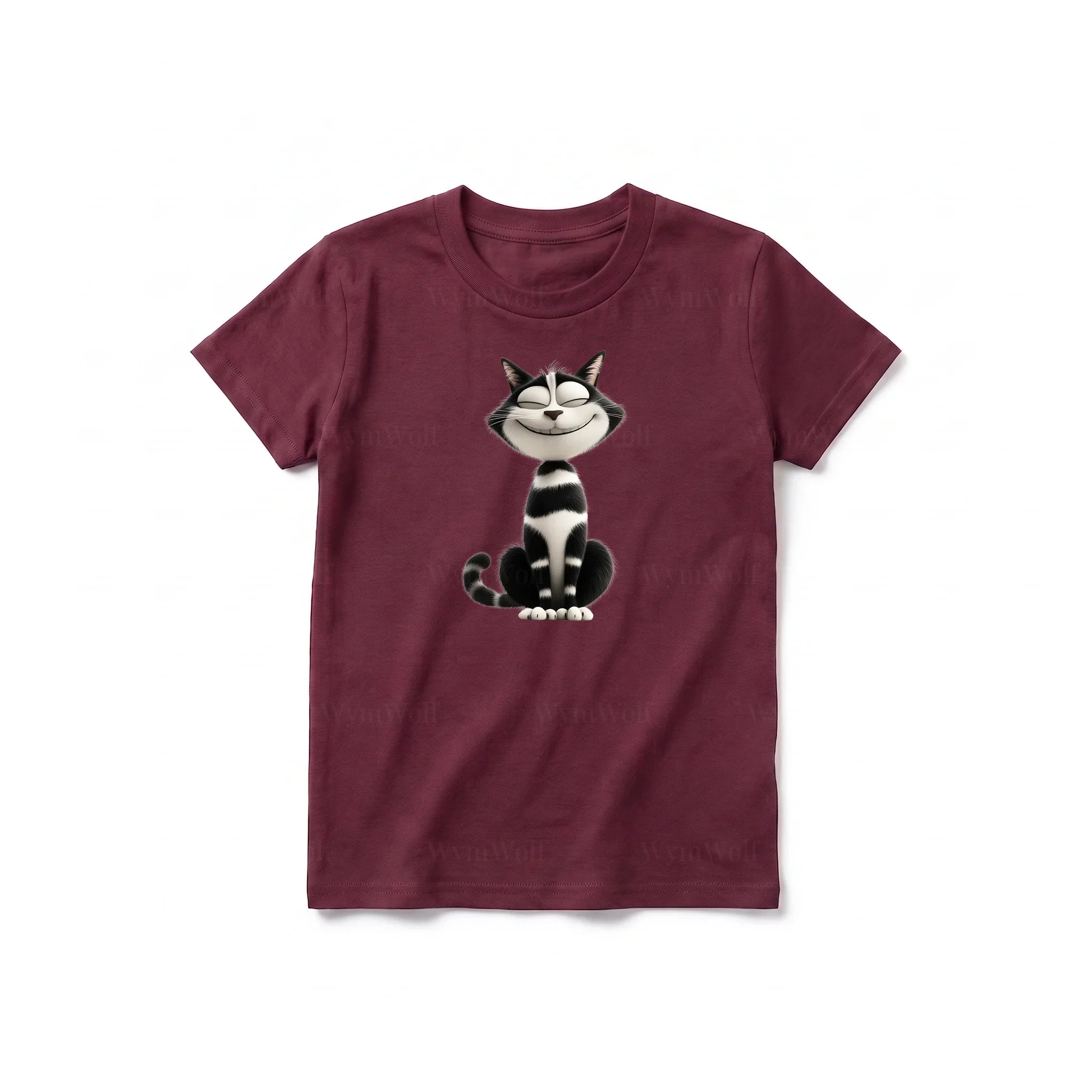 Un T-shirt marron à manches courtes et col rond pour jeune, orné d'un motif représentant un chat sur le devant.