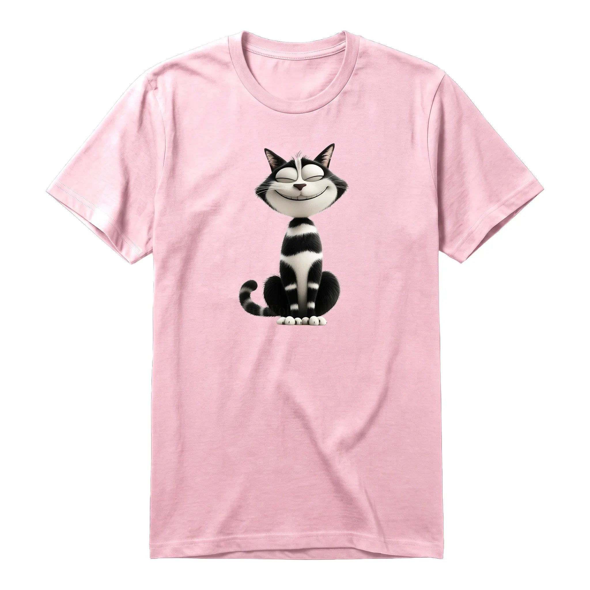 A pink short-sleeve crewneck t-shirt for adult featuring a graphic of a cat on the front.