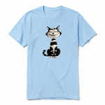 A powder short-sleeve crewneck t-shirt for adult featuring a graphic of a cat on the front.