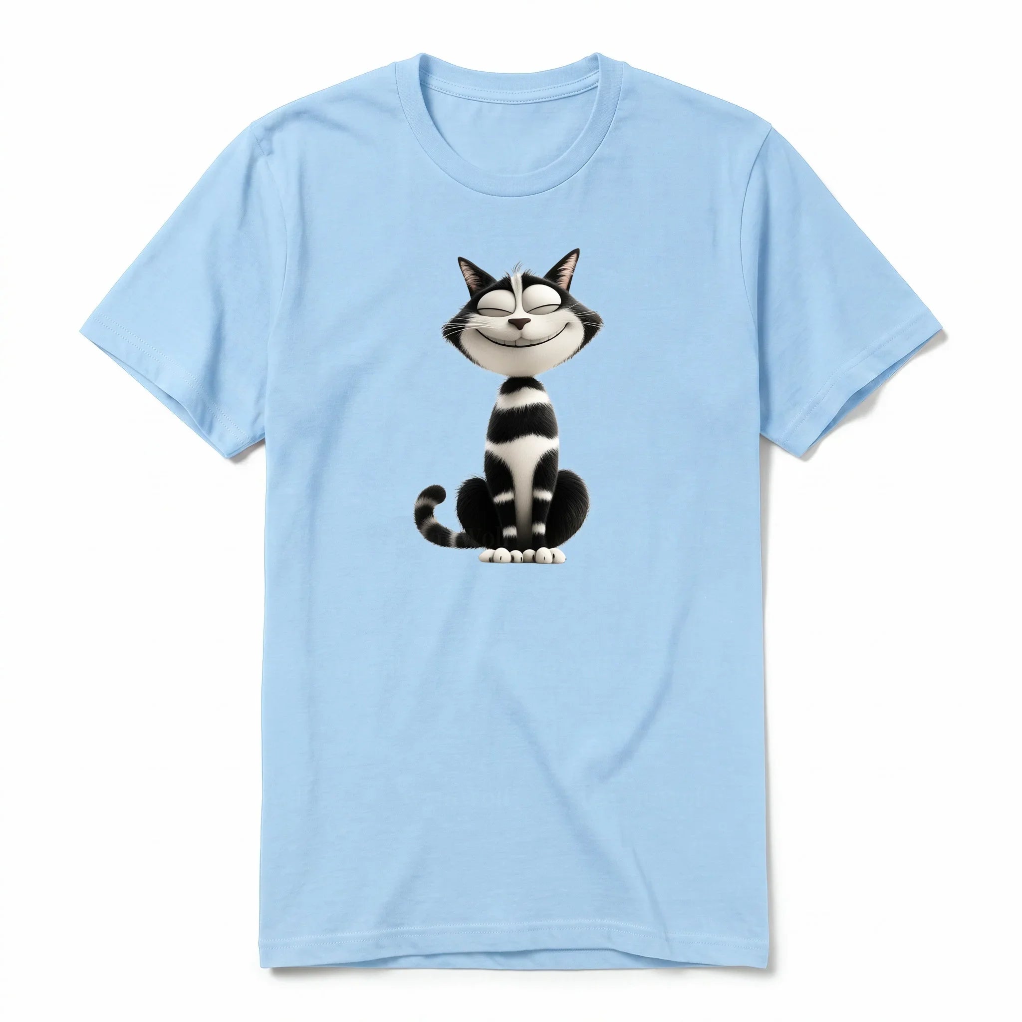 A powder short-sleeve crewneck t-shirt for adult featuring a graphic of a cat on the front.