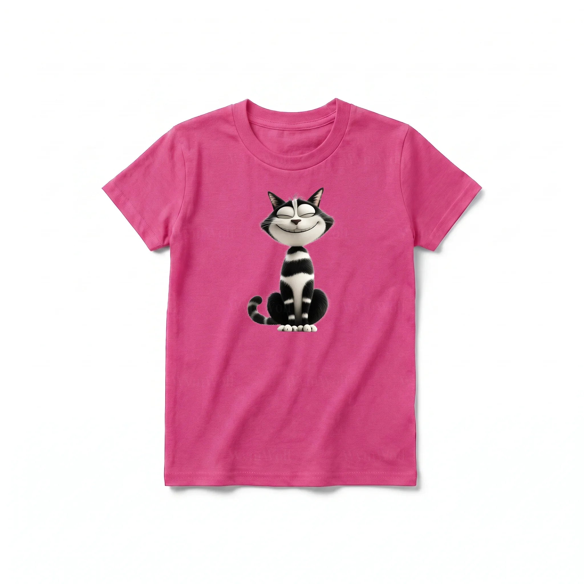 A raspberry short-sleeve crewneck t-shirt for youth featuring a graphic of a cat on the front.