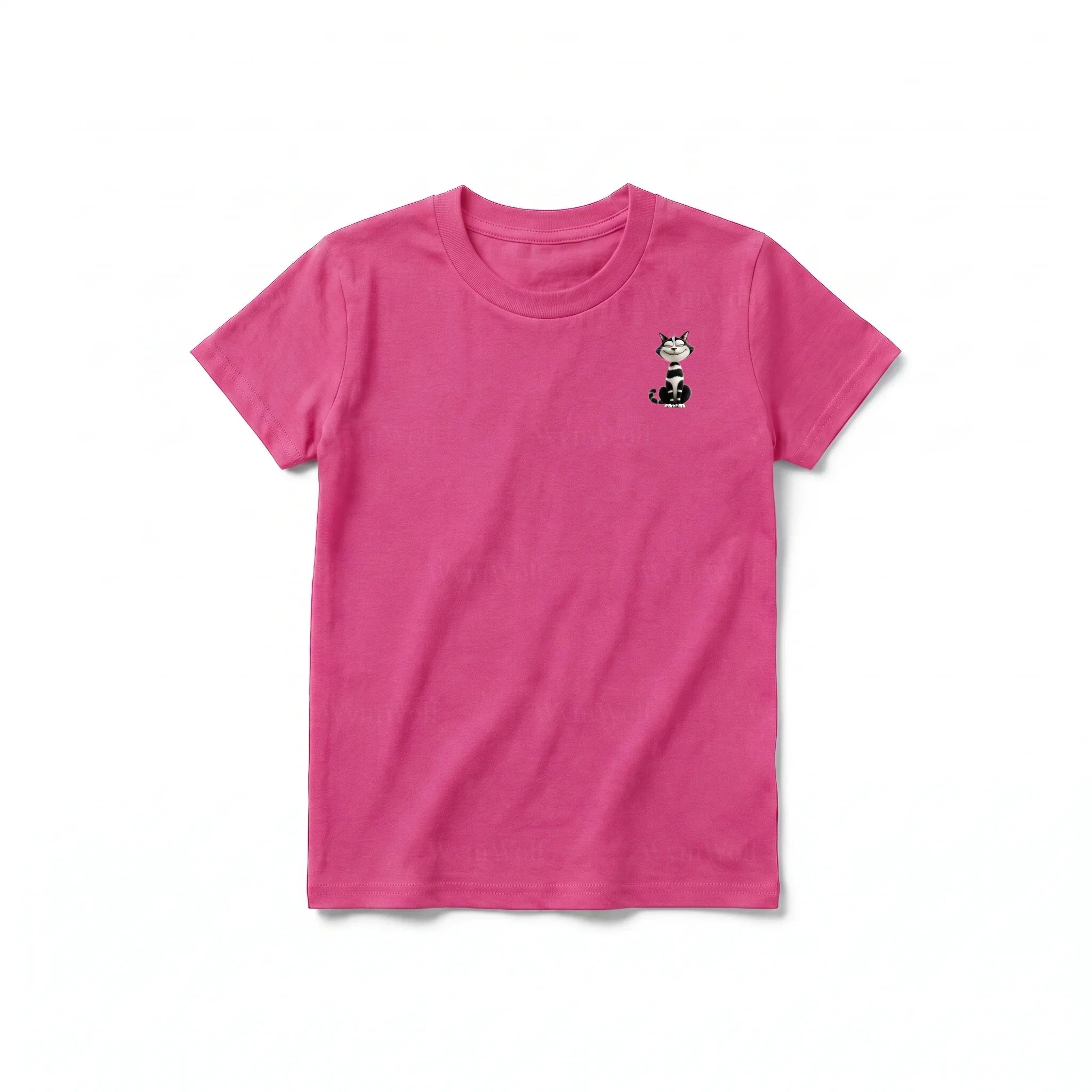 A raspberry short-sleeve crewneck t-shirt for youth featuring a graphic of a cat on the left chest.