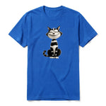 A royal short-sleeve crewneck t-shirt for adult featuring a graphic of a cat on the front.