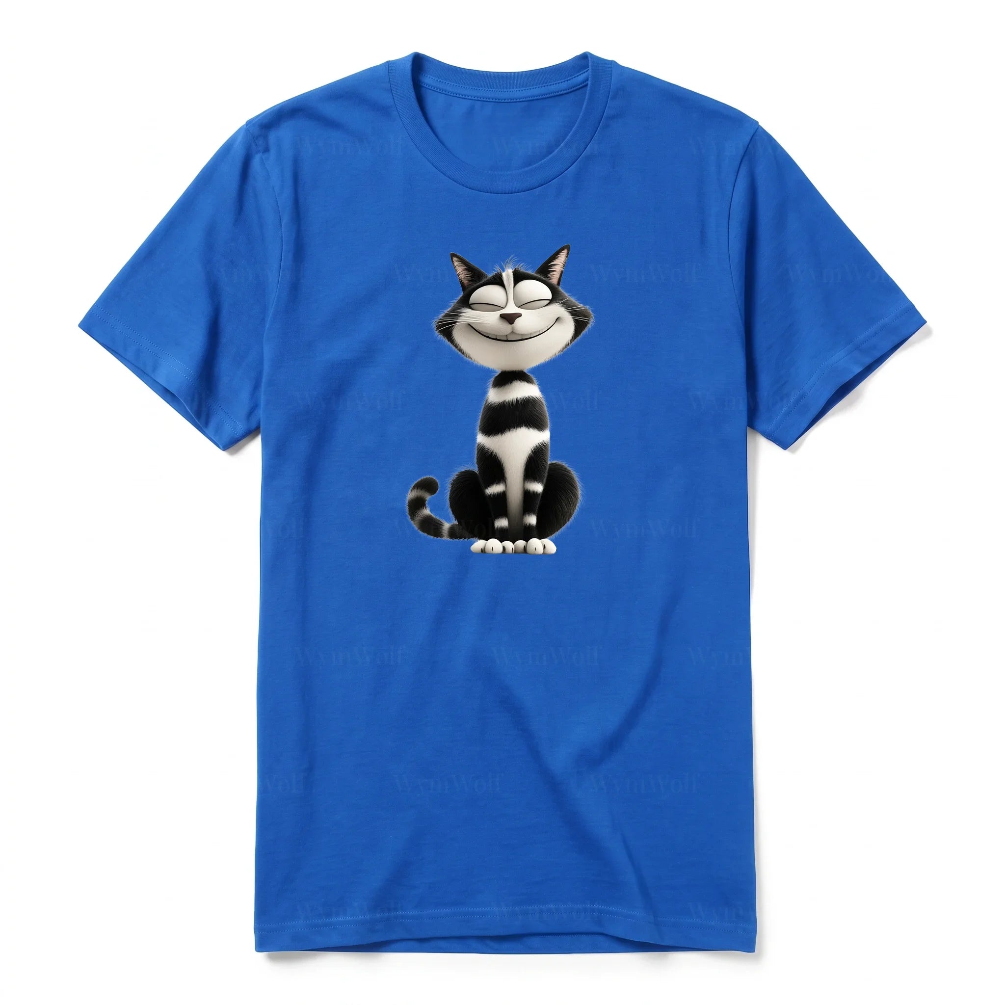 A royal short-sleeve crewneck t-shirt for adult featuring a graphic of a cat on the front.