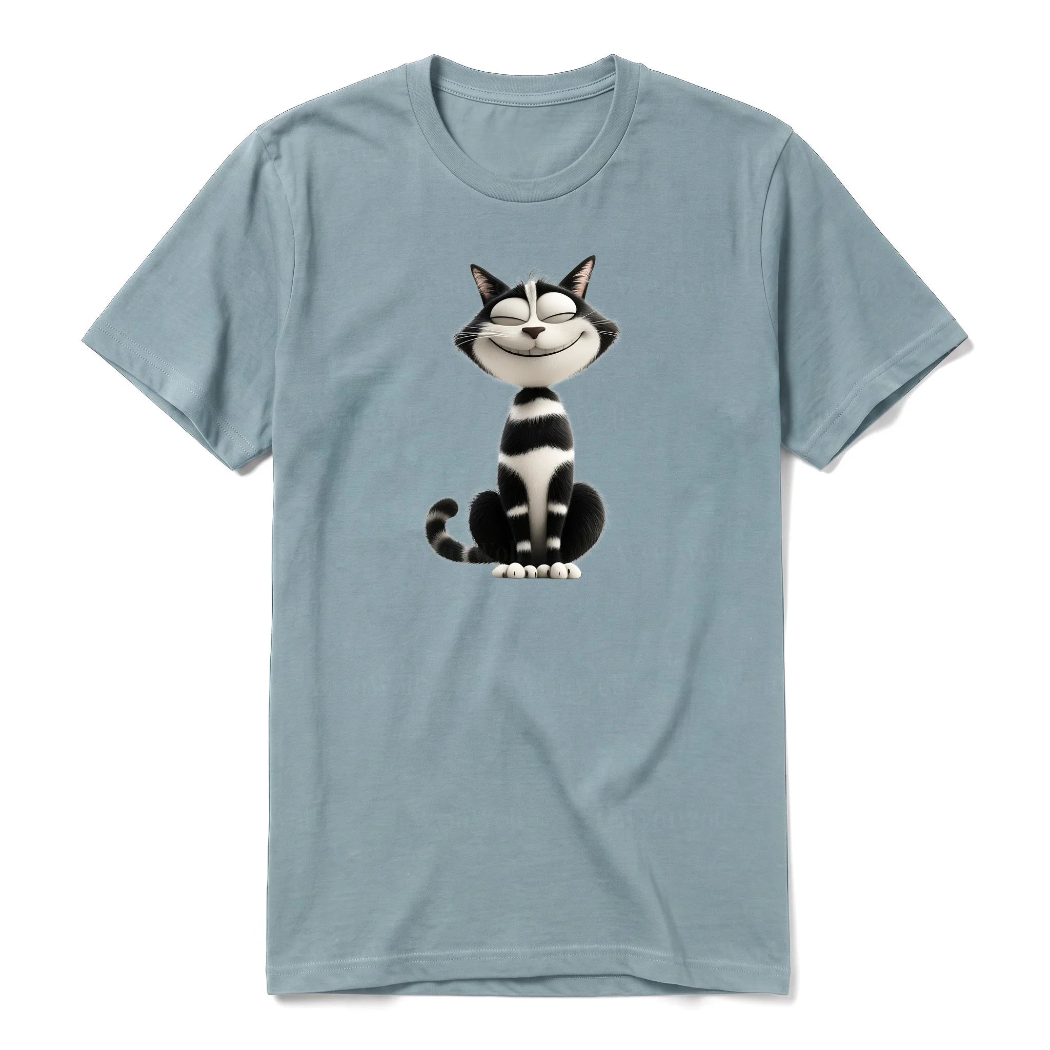 A sage short-sleeve crewneck t-shirt for adult featuring a graphic of a cat on the front.