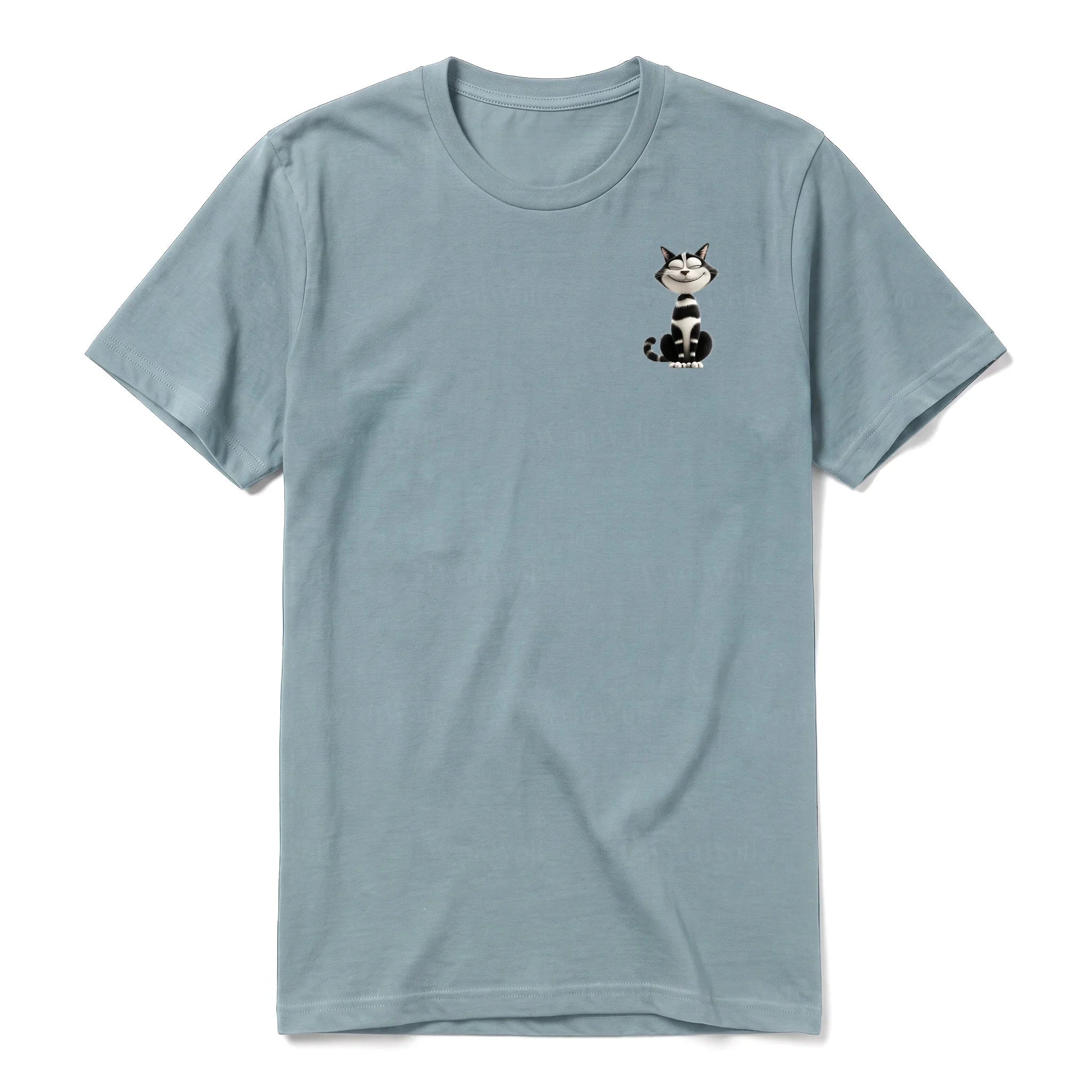 A sage short-sleeve crewneck t-shirt for adult featuring a graphic of a cat on the left chest.