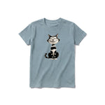 A sage short-sleeve crewneck t-shirt for youth featuring a graphic of a cat on the front.