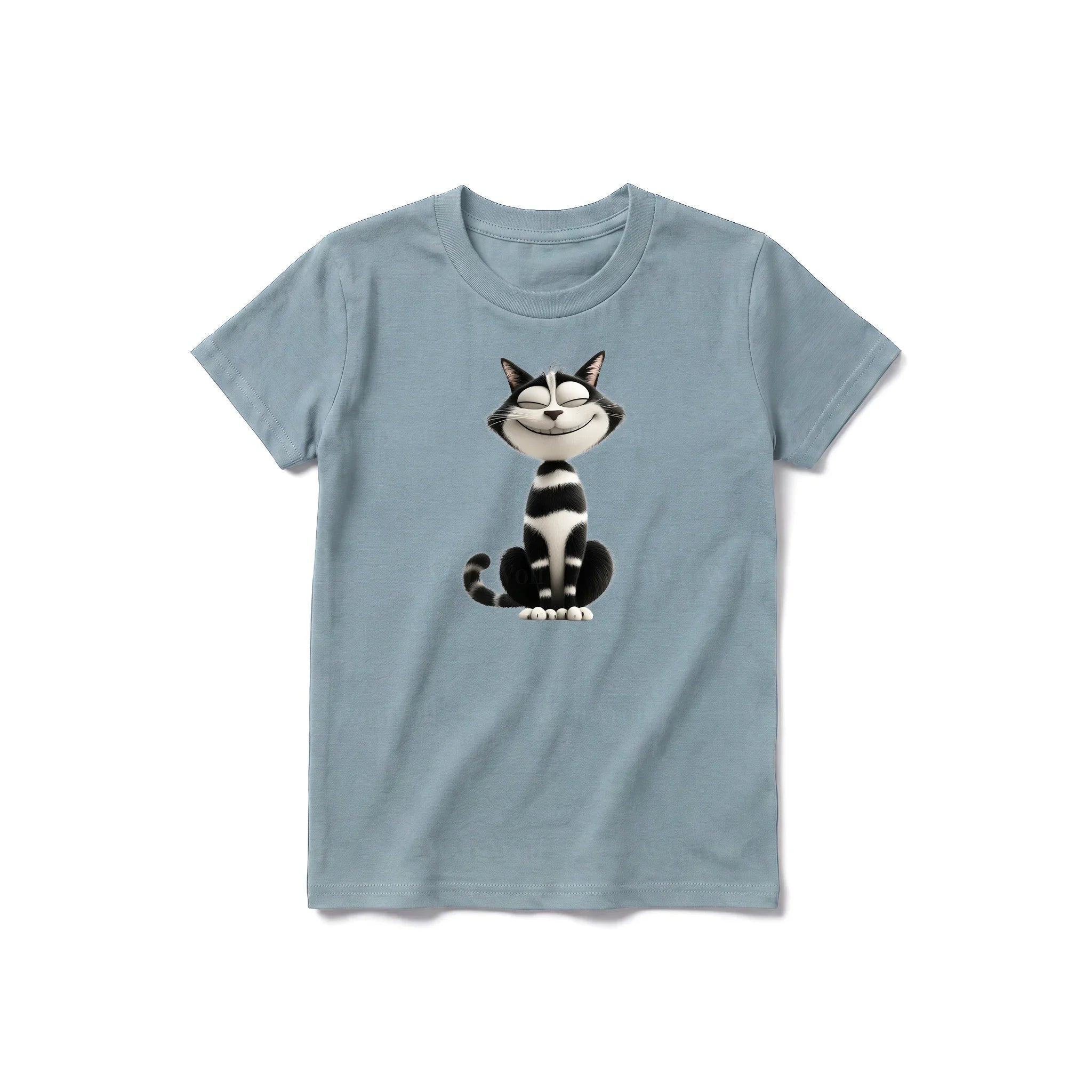 A sage short-sleeve crewneck t-shirt for youth featuring a graphic of a cat on the front.