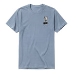 A steel-blue short-sleeve crewneck t-shirt for adult featuring a graphic of a cat on the left chest.