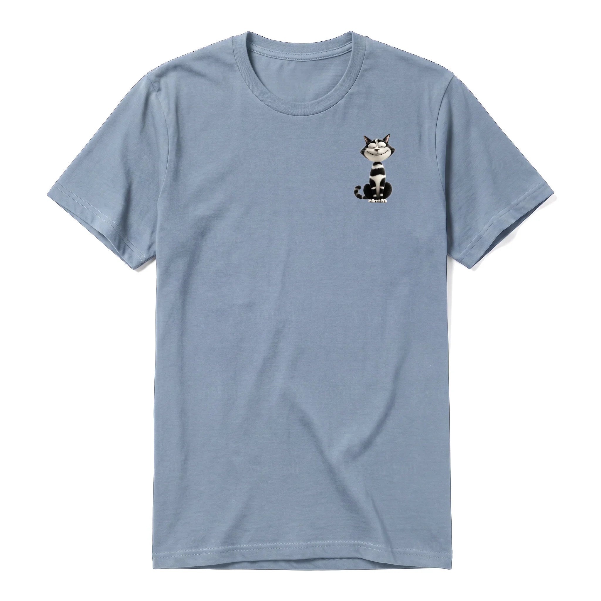 A steel-blue short-sleeve crewneck t-shirt for adult featuring a graphic of a cat on the left chest.