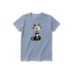 A steel-blue short-sleeve crewneck t-shirt for youth featuring a graphic of a cat on the front.
