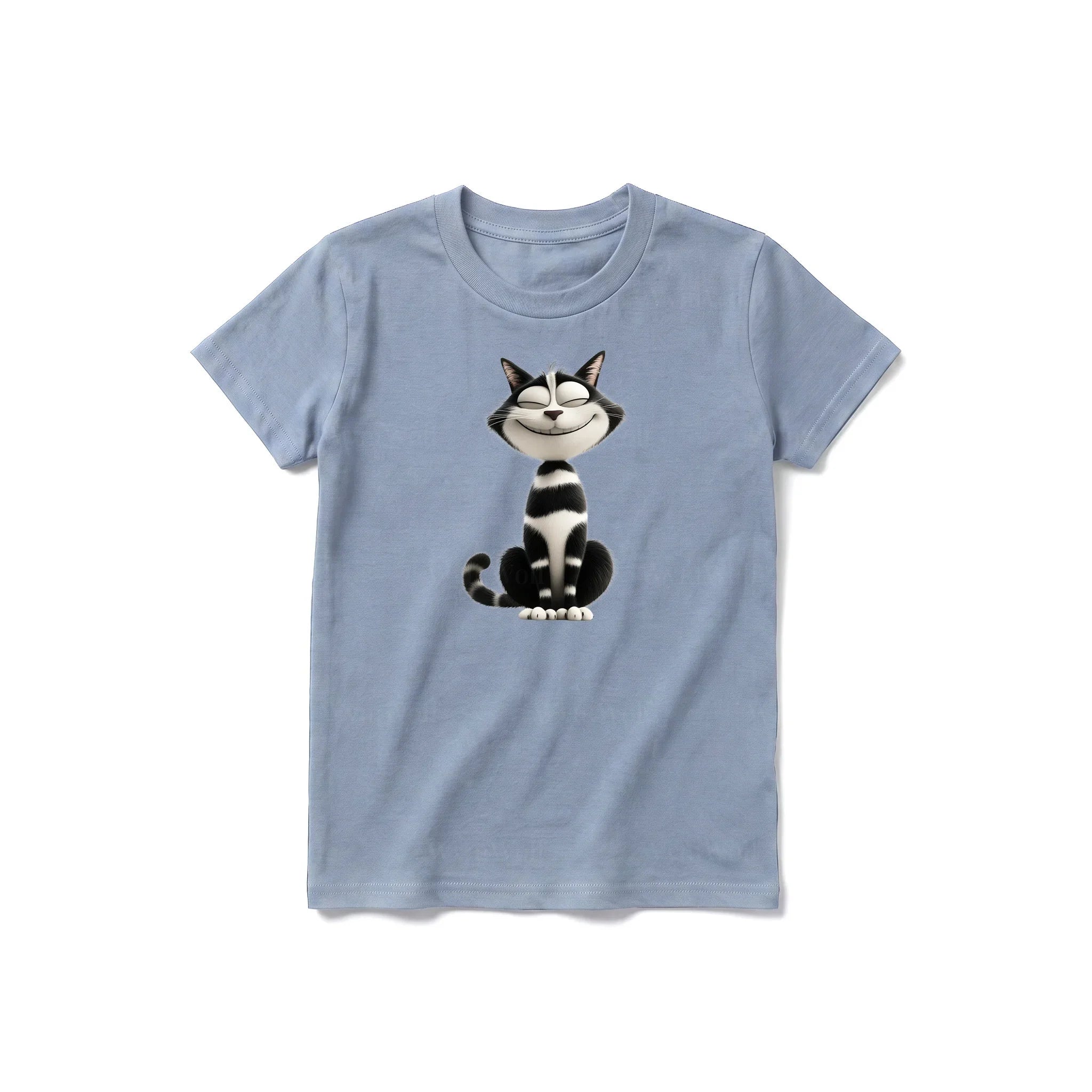 A steel-blue short-sleeve crewneck t-shirt for youth featuring a graphic of a cat on the front.