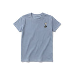A steel-blue short-sleeve crewneck t-shirt for youth featuring a graphic of a cat on the left chest.