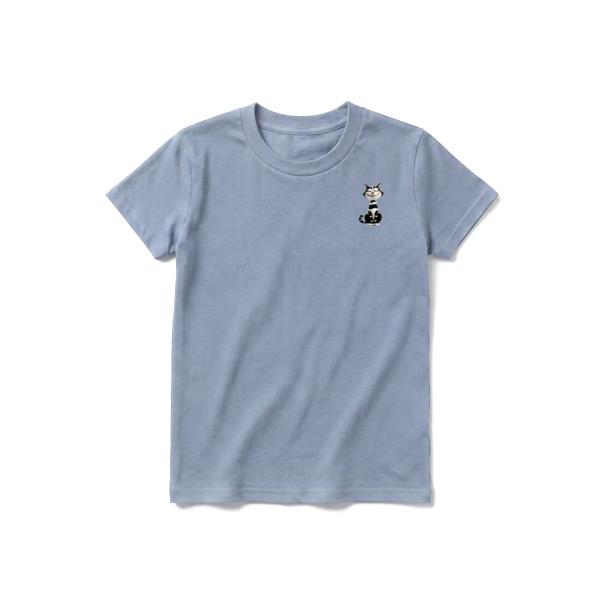 A steel-blue short-sleeve crewneck t-shirt for youth featuring a graphic of a cat on the left chest.