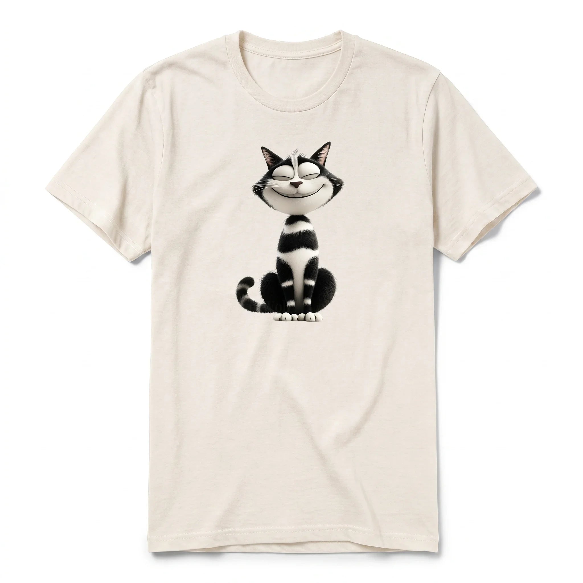Un T-shirt blanc vintage à manches courtes et col rond, orné d'un motif représentant un chat sur le devant.