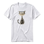 A ash grey short-sleeve crewneck t-shirt for adult featuring a graphic of a cat on the front.