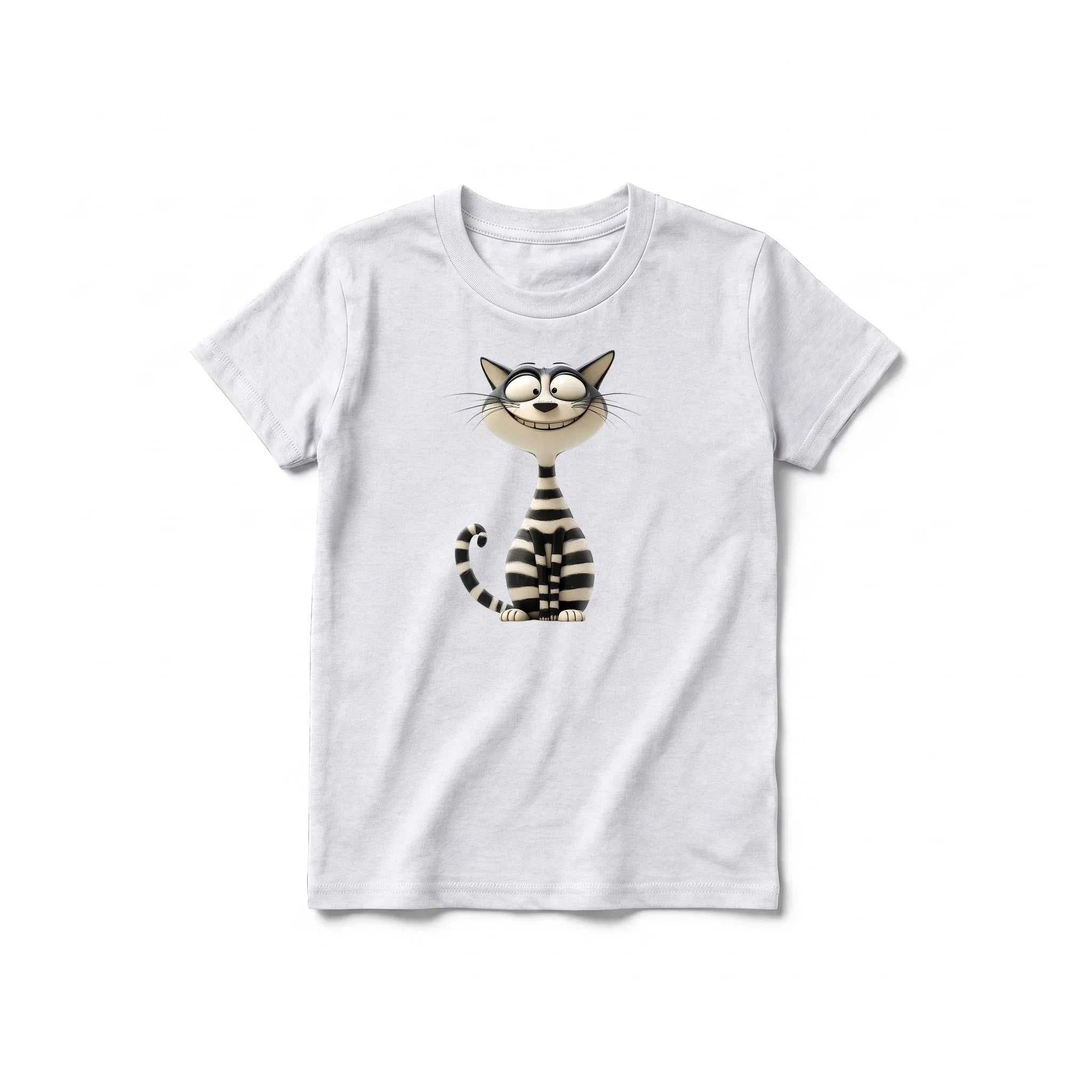 A ash grey short-sleeve crewneck t-shirt for youth featuring a graphic of a cat on the front.