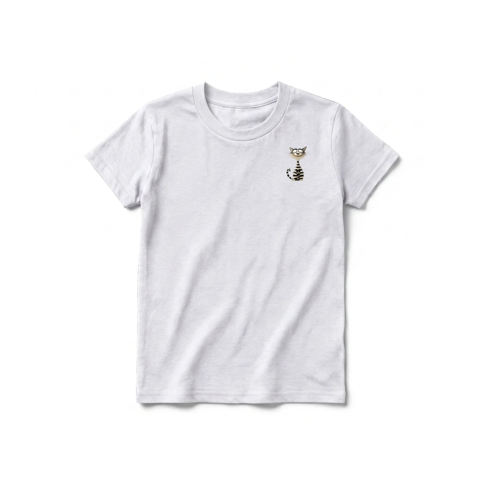 A ash grey short-sleeve crewneck t-shirt for youth featuring a graphic of a cat on the left chest.