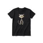 Un T-shirt noir à manches courtes et col rond pour jeune, orné d'un motif représentant un chat sur le devant.