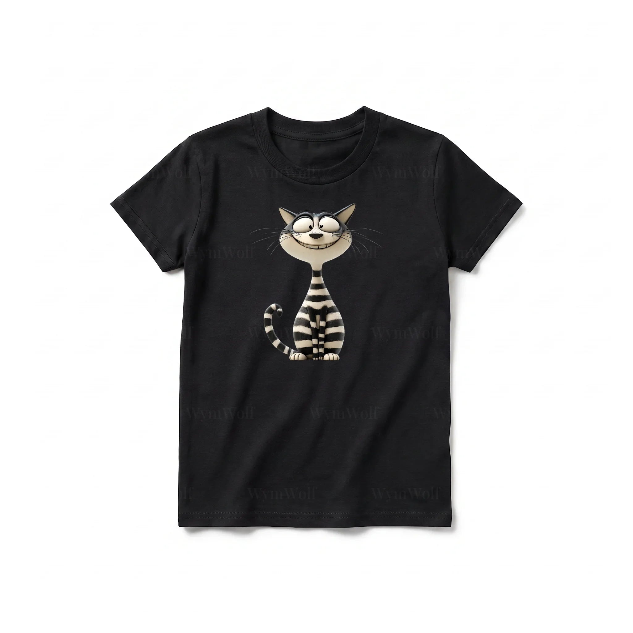Un T-shirt noir à manches courtes et col rond pour jeune, orné d'un motif représentant un chat sur le devant.