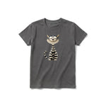 Un T-shirt charbon à manches courtes et col rond pour jeune, orné d'un motif représentant un chat sur le devant.