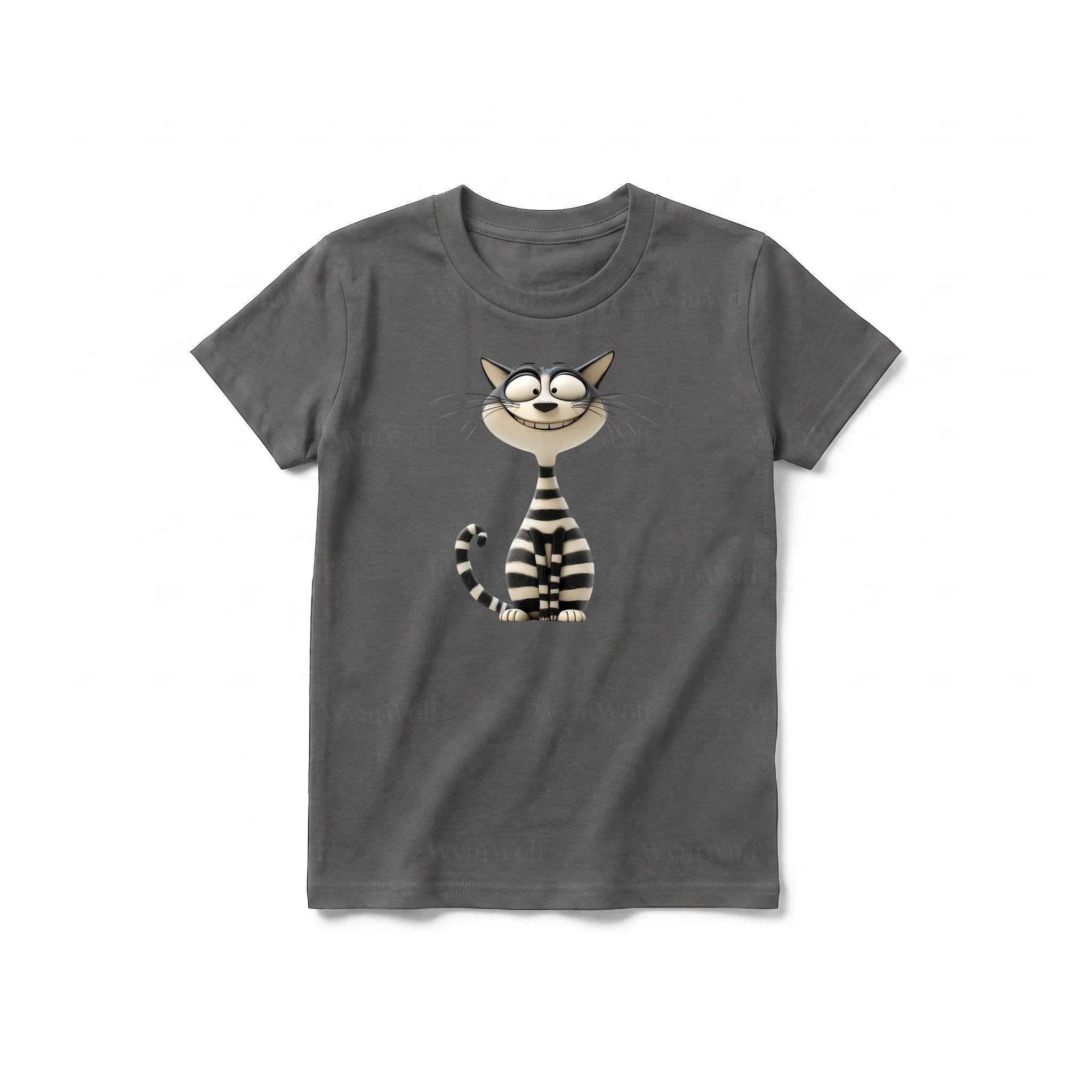 Un T-shirt charbon à manches courtes et col rond pour jeune, orné d'un motif représentant un chat sur le devant.